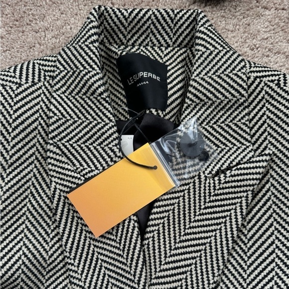 Le Superbe- NWT Black & Grey Chevron David Boa Fur Cuff Blazer Jacket - Picture 8 of 10